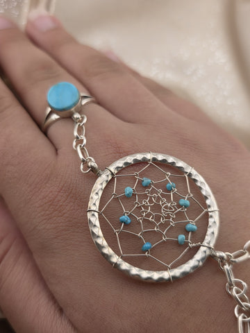 Vintage RB 925 Sterling Silver Turquoise Hand Chain Slave Bracelet Southwestern