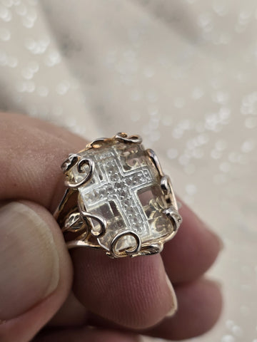 Rare Sterling Silver 925 Carved Rock Crystal Cross Intaglio Ring Statement Sz 9