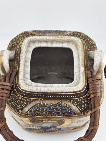 Vintage Satsuma Japanese Samurai Hand painted Teapot Wicker Handle W Lid.