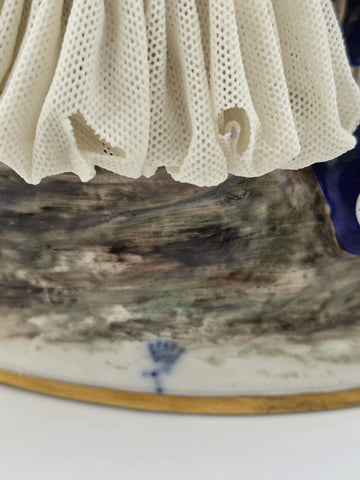 Vintage Sitzendorf Germany Lace Porcelain Courtship Scene Figurine Crown Mark.