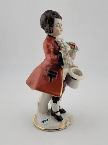 Antique Frankenimal Dresden Porcelain Figurine Boy With Top Hat & Flowers.