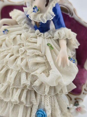 Vintage Sitzendorf Germany Lace Porcelain Lady Figurine Sofa Crown Mark. Read.