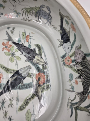 Antique XL Chinese handpainted Red porcelain 24kt gold Oval Footbath, Jardiniere
