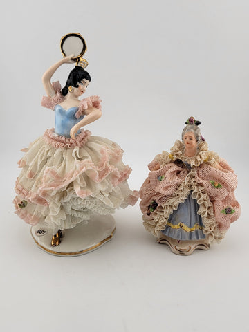 Set Of 2 Volkstedt Germany Dresden Lace Small Ballerina Pink Porcelain Figurines