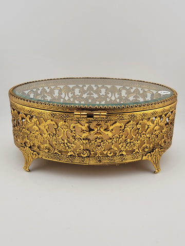 Vintage 1950s Hollywood Regency Ormolu Jewelry Casket Beveled Glass Filigree Box