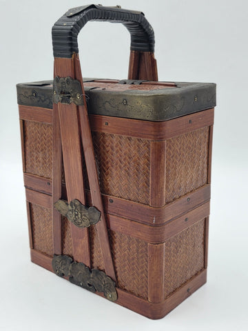 Antique Japanese Meiji Bamboo Picnic Basket Bento Box Woven Basket Complete Case