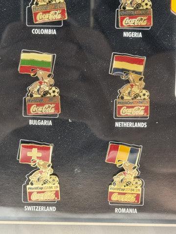 Rare Set 1994 FIFA World Cup USA Ticket Stubs + Coca Cola Pin Set Framed Display