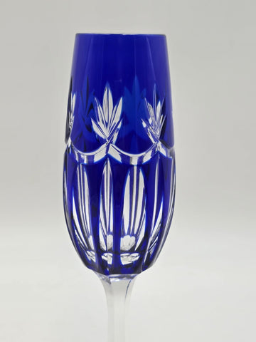 Vintage Ajka Rene Cobalt Blue Cut to Clear Crystal Champagne Flutes Rare Pattern