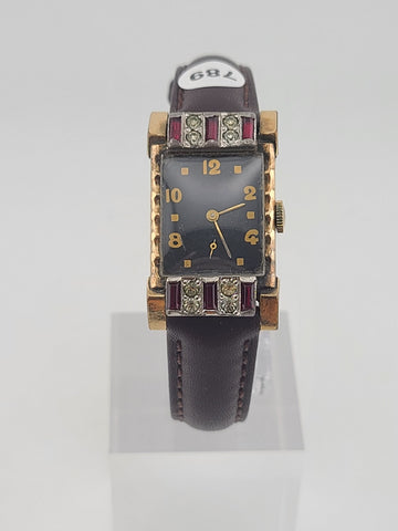 Vintage 1940's Lucerne 17J Art Deco Rectangular Rhinestone Ruby Swiss Watch