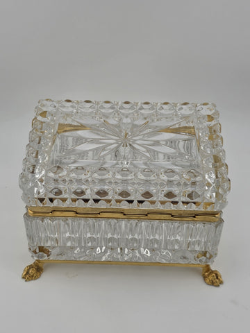 French Baccarat Style Jewelry Casket Footed Box Heavy Crystal Glass Hinged Lid