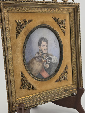 Rare Antique 19th C Miniature Portrait Prince Jozef Poniatowski Ormolu Frame