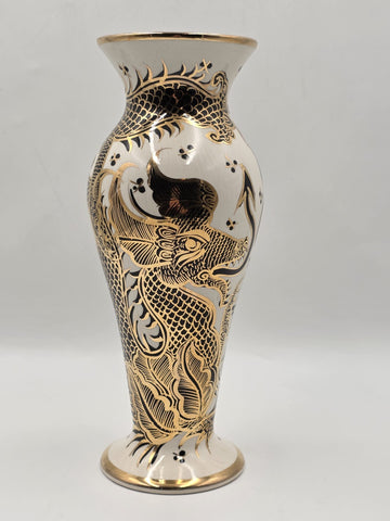 Vintage LOFISA POTTERY VASE 13 1/4" tall Cream w Black & Gold Dragon Theme.