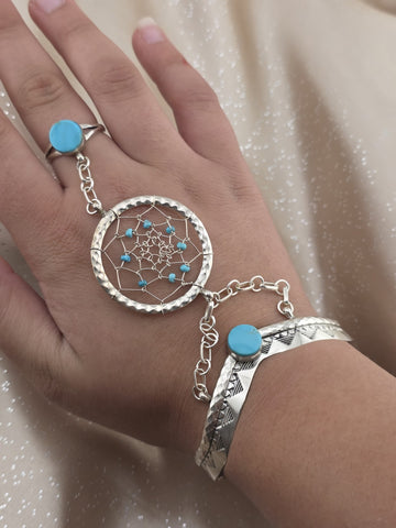 Vintage RB 925 Sterling Silver Turquoise Hand Chain Slave Bracelet Southwestern