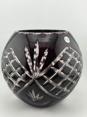 XL AJKA ODESSA CAROLINE  Cranberry Cut Clear Hungarian Crystal Rose Bowl