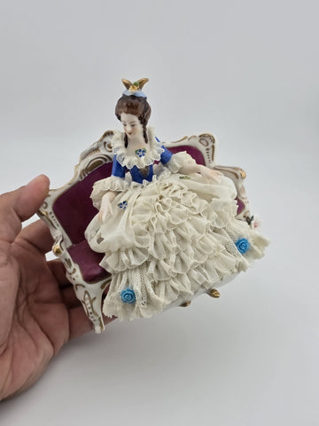 Vintage Sitzendorf Germany Lace Porcelain Lady Figurine Sofa Crown Mark. Read.
