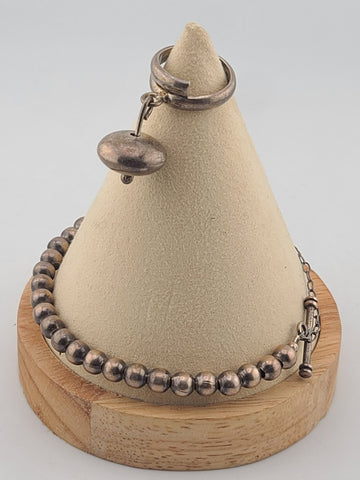Unique Set Of Sterling Silver Beaded Bracelet & Ring 925 Toggle Clasp w/ Charm