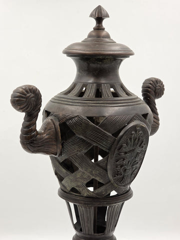 Antique Heavy Bronze Neoclassical Urn Ram Head Handles Pierced Vase Empire Style