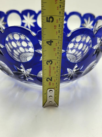Rare Vintage Bohemian Hand Cut Crystal Glass Blue to Clear bowl SIGNED 8.75”