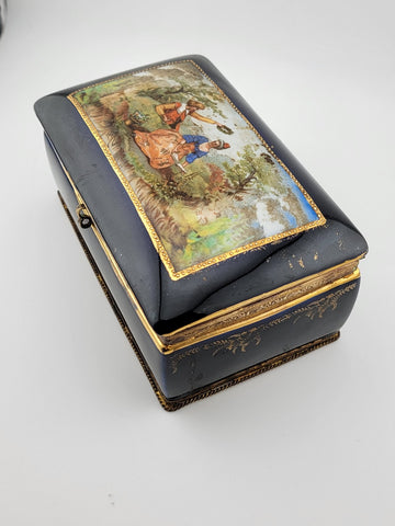19 Century Germany Ornate Cobalt Blue Hand Painted 22K Gold Trinket/ Jewelry Box
