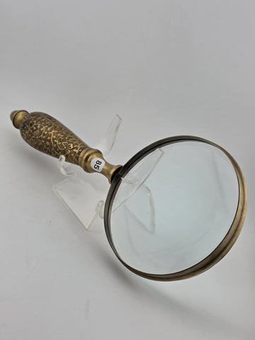 Vintage Mid Century Modern Brass Hand Held Magnify Glass W/ Ornate Handle.