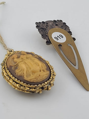 Rare Antique 19th C Victorian Glass Cameo Locket & Hair Pin Gilt Brass Classical