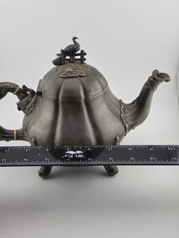 Rare Shaw & Fischer Sheffield Pewter Teapot Hinged Lid Snake Holding Fish Handle