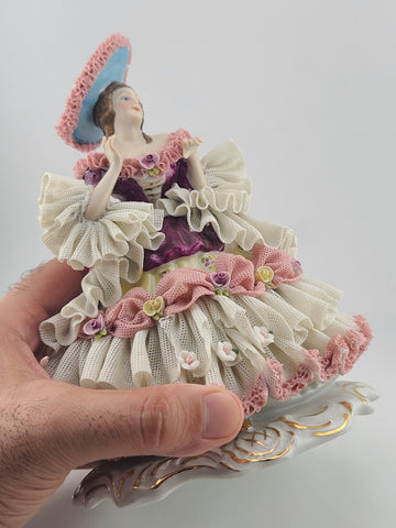 Mid Century Authentic Dresden Lace Porcelain Lady Figurine Rococo Dress Handmade