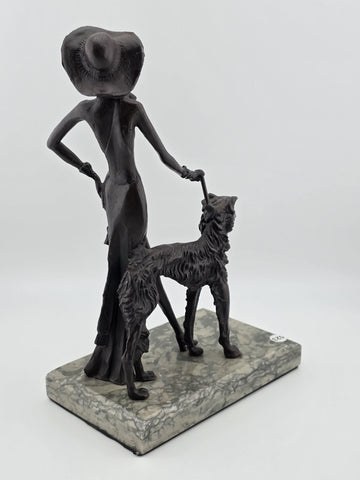 Rare 1930's Art Deco French Bronze Sculpture of Lady Walking Her Greyhound Dog.