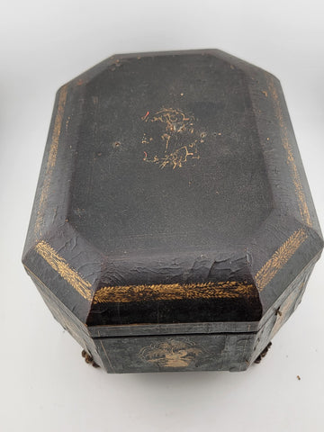 Rare 1800's Antique Chinese Gilt Lacquered Tea Caddy w/ Pewter Containers.