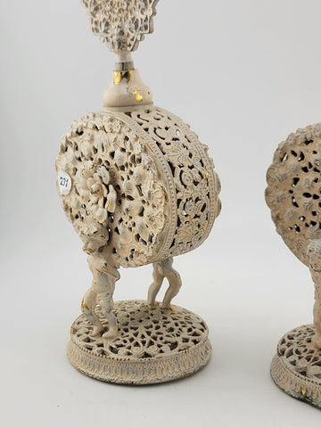 Antique Pair Of White & Gold Tone Metal Glass Hibiscus Filigree Perfume Decanter