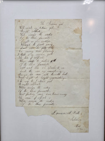 Rare OOAK 1847 Handwritten Poem “The Indian Girl” Signed Salisbury Massachusetts