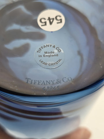 Rare Tiffany & Co Blue Lead Crystal Cylinder Vase England Applied Medallion 8"