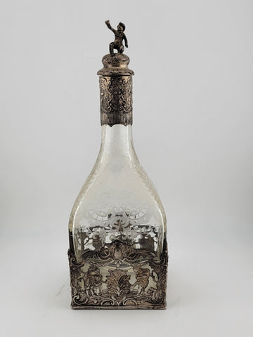 Rare 19th C German Hanau 800 Silver & Etched Crystal Stork & Sinsheimer Decanter
