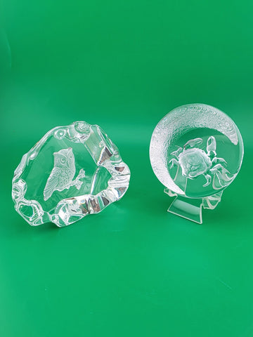 Rare Set Of 2 Mats Jonasson Owl And Crab MJ Sweden Art Glass Paperweights