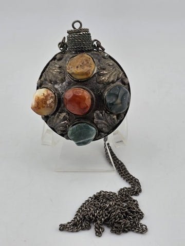 Antique 1900 Imperial Russian Brass & Stone Perfume Bottle Vial Pendant Necklace