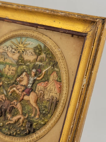 Rare Antique GERMAN MINIATURE WAX PAINTING "WILD BOAR HUNT" 1900s 16th C Style.