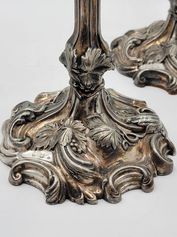 Rare Pair of Antique 1857 English Victorian Silver Plated Elkington Candlesticks