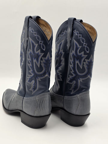 Vtg Dan Post Genuine Lizard Cowboy Boots Mens 9M Blue Denim Gray Exotic Western