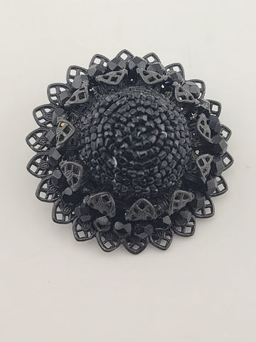 Vintage Ornate Filigree and Glass Bead Domed Miriam Haskell Mourning Brooch