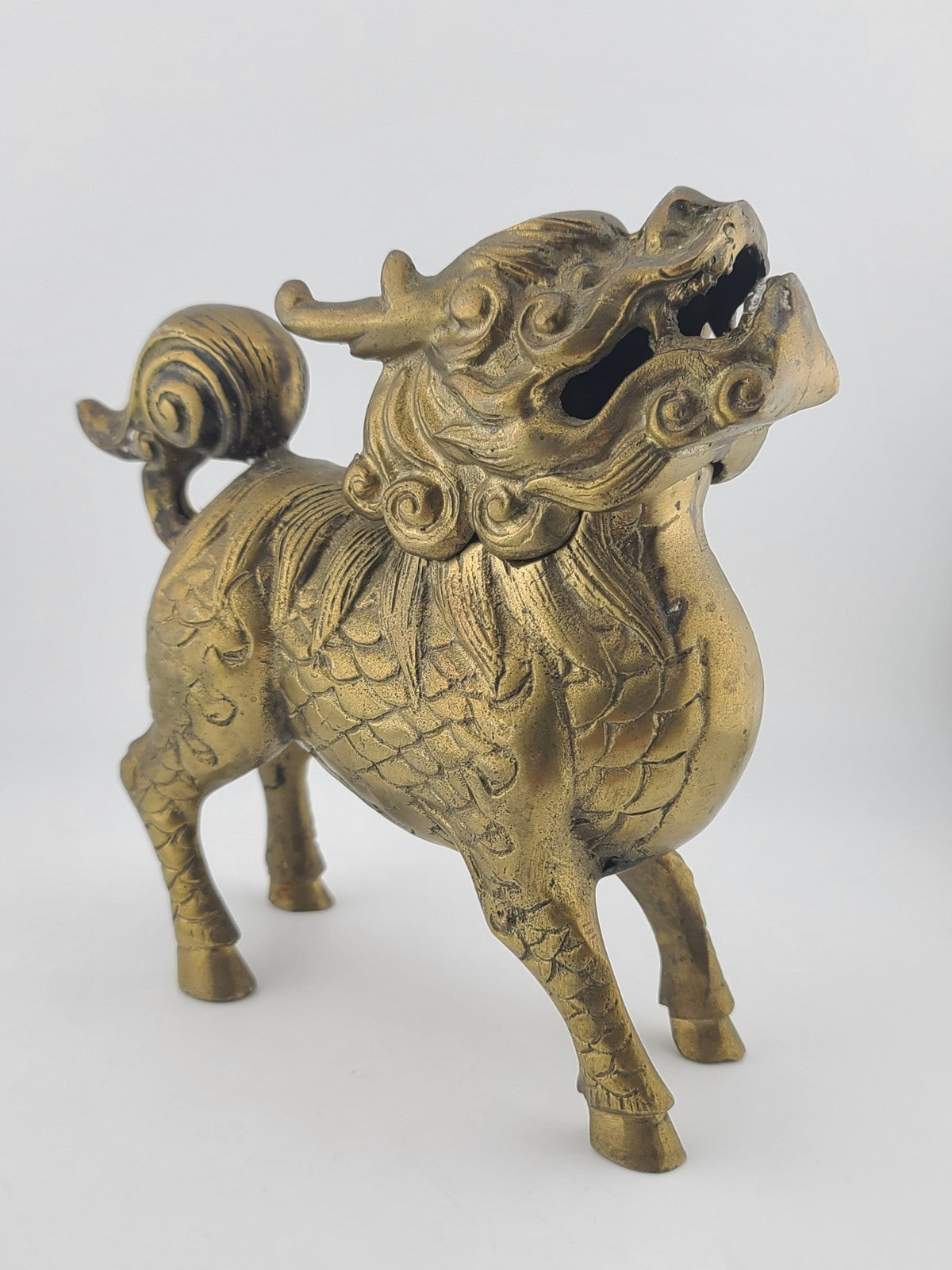Chinese Brass Kirin Head Deer Feet Statue Incense Burner 6.5x2.25x6.5" Antique