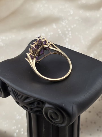 Antique 10K Solid Gold Amethyst Cluster Ring Diamond Accents Size 7.5 W Box.