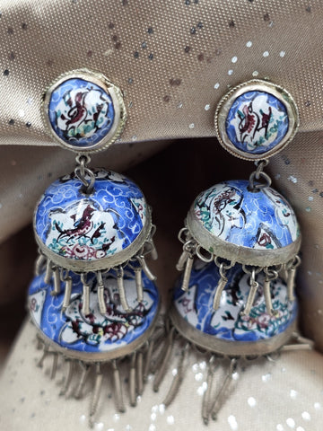 Rare Antique Hand Painted Filigree Silver Lantern Chandelier Dangling Earrings.