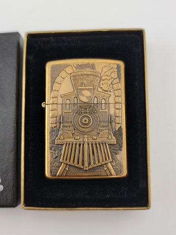 UNFIRED 1995 SOLID BRASS ZIPPO WIND PROOF LIGHTER GREAT AMERICAN TRAIN W BOX