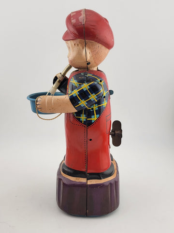 1960'S MICHANICAL WIND-UP BUBBLE BLOWER BOY TIN LITHO MARUSAN JAPAN TOY Untested