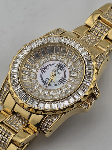 Croton Gold Tone Crystal Baguette Bezel Watch Mother of Pearl Dial Quartz. Works