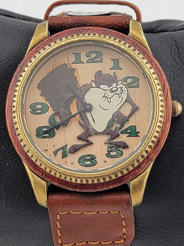 Rare Collectible Taz Wooden Dial Bezel Braided Leather Fossil Watch. Serviced.