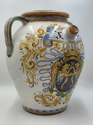 Rare Antique XL 19th C Italian Majolica Olive Oil Jar Heraldic Lions Handpainted