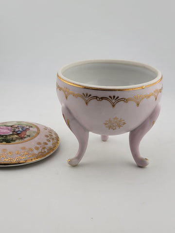 Antique Porcelain Victorian Love Scene 3 Footed Trinket Box w/ Cross Arrow Mark