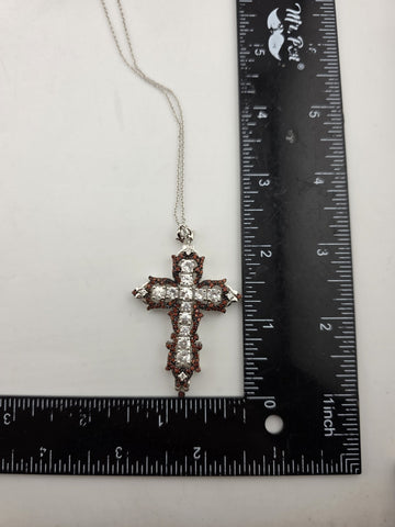 Vintage Sterling Silver 925 Cross Pendant Red Clear CZ Ornate Gothic Necklace