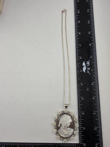 Large Sterling Silver Mother of Pearl Cameo Pendant Necklace Floral Frame 925